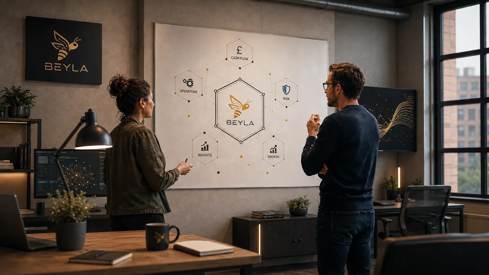 Two colleagues in a BEYLA-branded office study a whiteboard where cash flow, operations, risk, insights and growth connect around the BEYLA bee symbol.