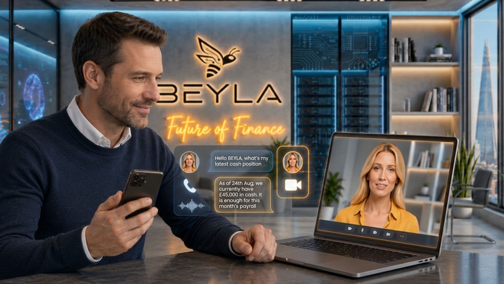 A businessman in an office holds a smartphone while speaking BEYLA's Digital Human on his laptop, with call, text and video options displayed between them.
