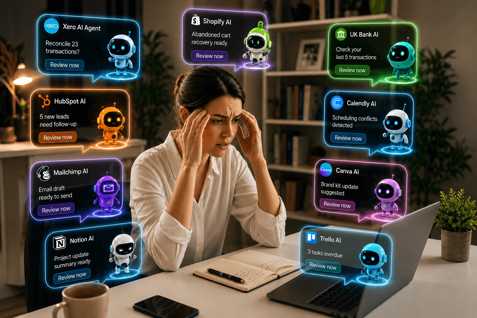 Overwhelmed business owner sitting at her desk with a laptop, notebook and coffee, surrounded by glowing AI notifications from separate tools including Xero, Shopify, HubSpot, Mailchimp, Notion, Calendly, Canva, Trello and a bank.